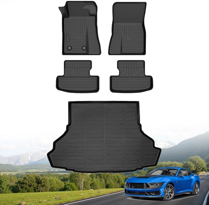 Hutisya-Floor Mats & Cargo Liner Set Fit for Ford Mustang (NOT for Mustang Mach E) 2015-2025 All Weather Protection Anti-Slip & Durable TPE Full Set Liners Automotive Accessories-Black