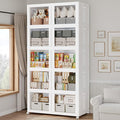 600Qt Large Stackable Storage Bins with Lid, 150Gal Plastic Closet Organizer and Storage Box with Wheels, Collapsible Storage Cabinet with Clear Door for Home Kitchen Office Dorm, 5Pack White