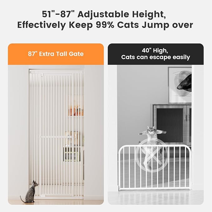 Gardner Pet 51"-87" Extra Tall Cat Gate for Doorway, Wide Adjustable 27.56"-37" Baby Gate Included 4 Extension Kits, Pressure Mounted Safety Full Door Gate for Stairs, Studio, Kitchen (White)