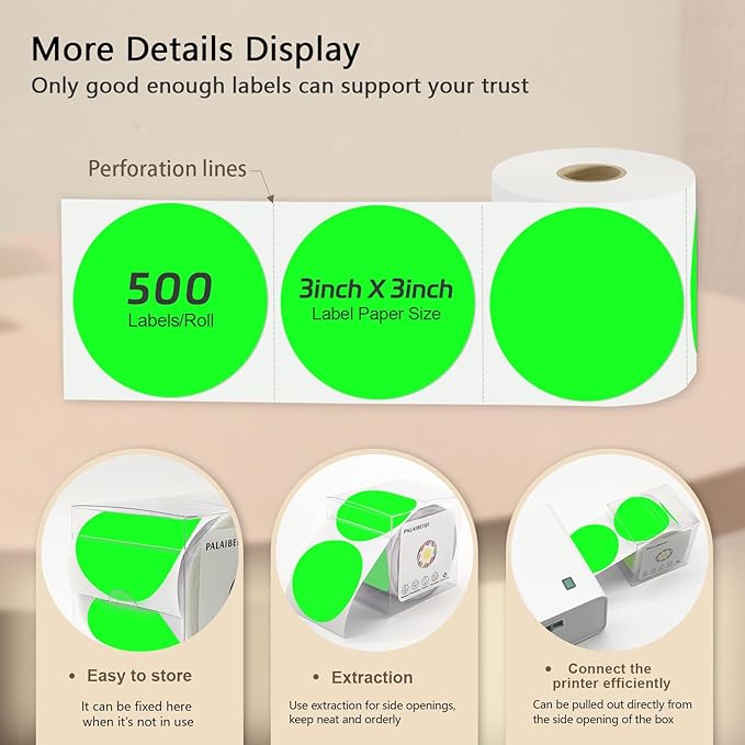 3 X 3 Inch Round Thermal Labels Circle Color Coding Labels Printable Waterproof 500PCS Round Stickers Adhesive Writable for Home, Garage, DIY Sticker, Barcodes, Name Tag, Fluorescent Green
