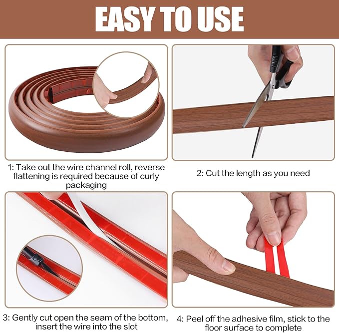 Floor Cord Cover Self Adhesive Cord Hider,3.3FT Cable Management, Extension Strip Protector for Wires, Prevent Cable Trips for Offices, Gyms, Exhibitions Cavity:0.39"(W) x0.27(H) Wood Red Teak