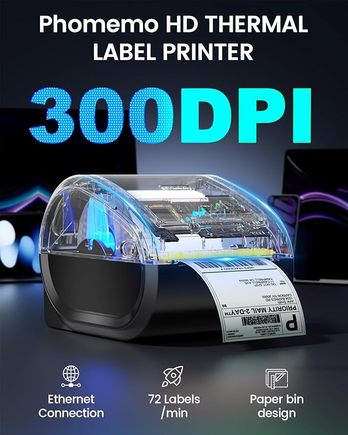 Phomemo Ethernet Thermal Label Printer 4x6, Bluetooth Shipping label printer for Small Business, Home, Office, 300DPI Wireless Thermal Printers Support Ethernet/Bluetooth/USB, Amazon, Ebay, Etsy, USPS