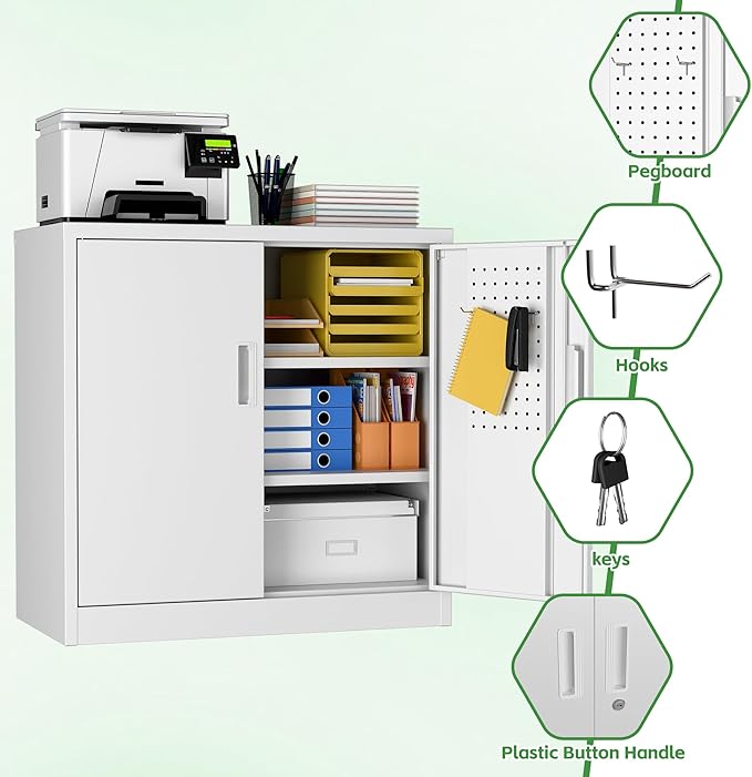 Metal Storage Cabinet with Lock, Lockable Metal Garage Cabinet with Pegboards and Hooks for Garage,Warehouse,Home,Office, Assembly Required,White