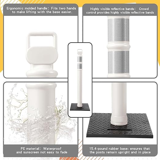 Kanayu 49 Inch Traffic Delineator Posts with 8.8 Lbs Rubber Base PE Delineator Post Portable Parking Pole Traffic Cone Barrier with Removable Base, Reflective Band(4 Packs,White)