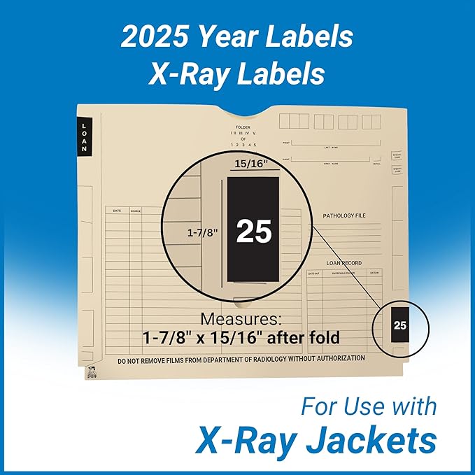 2025 Year Stickers, Doctor Stuff 2025 Chart Stickers, Black Color Coded, Ames Large Style, USA Made Year Labels for X Ray Jackets, 500/Roll, 1 Roll, 1-7/8" x 1-7/8"