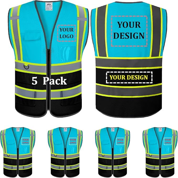 5 Pack Custom Safety Vest Customized Logo Mesh Vest Class 2 High Visibility Reflective Vest with Pockets Workwear（LightBlue Black，M ）