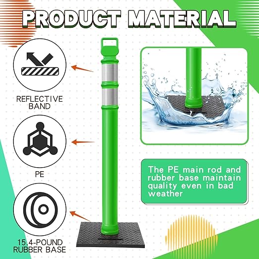 Kanayu 49 Inch Traffic Delineator Posts with 8.8 Lbs Rubber Base PE Delineator Post Portable Parking Pole Traffic Cone Barrier with Removable Base, Reflective Band(4 Packs,Green)