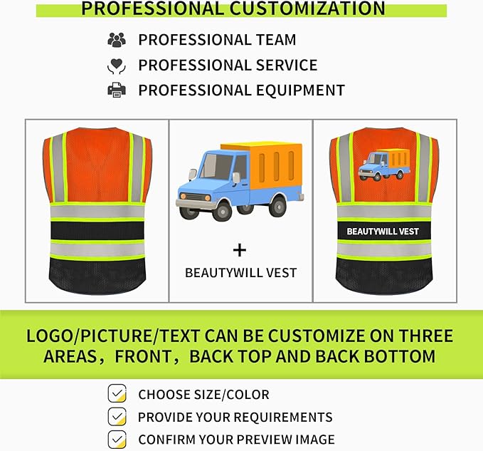 BeautyWill Custom Logo Safety Vest Class 2 High Visibility Reflective Vest for Men - Personalized Logo Team Vest