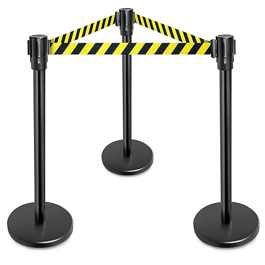 New Star Foodservice 1028911 Stanchions, 36-Inch Height, 6.5-Foot Retractable Belt, Set of 2, Hazard Belt Pattern