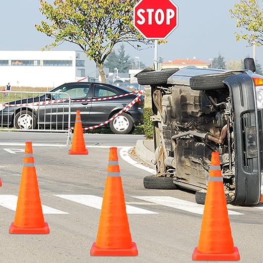 [6 Pack]28 Inch Collapsible Traffic Safety Cones - Parking Cones with Reflective Collars, Orange Safety Cones for Parking lot, Driveway, Driving Training etc.
