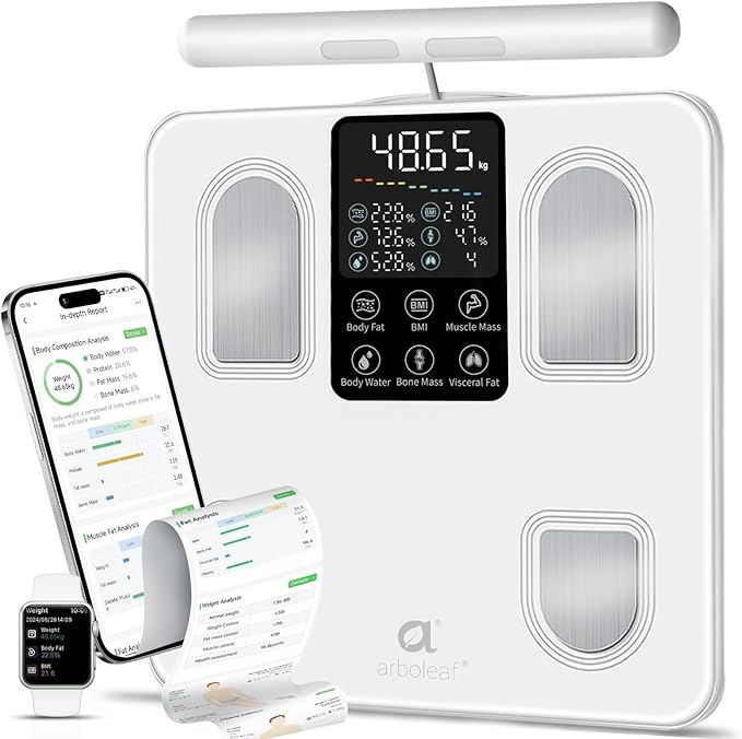 arboleaf Scale for Body Weight, Smart Scale with BMI, Body Fat, Muscle Mass, 26 Metrics Full Body Composition Analyzer, 8-Electrode High Precision Digital Bathroom Scale, Bluetooth Sync, White