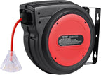 VEVOR 75FT Retractable Extension Cord Reel, 14AWG/3C SJTOW Heavy Duty Power Cord w/Lighted Electrical Triple Tap Outlets, 13A Circuit Breaker,180° Swivel Bracket for Workshop or Garage, Red