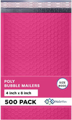 Hot Pink Small Bubble Mailers 4x8 Inch #000 | Thick Padded Poly Bubble Mailer Envelopes | 500 Pack Bulk | Trading Card Sports Card Shipping