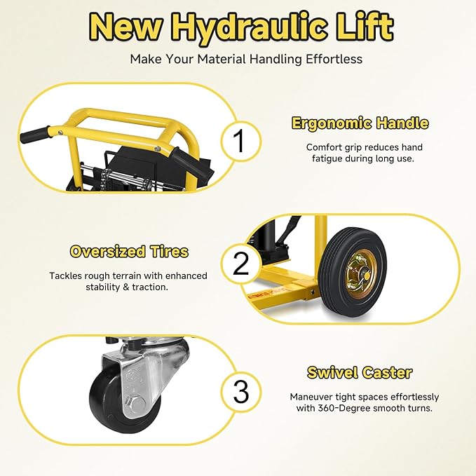 Hydraulic Material Lift, Pallet Jack Table Cart- 480-Lb. Capacity, 35in Lift. with Swivel Wheels, Steel Platform Board (03 Yellow, 480 LB)