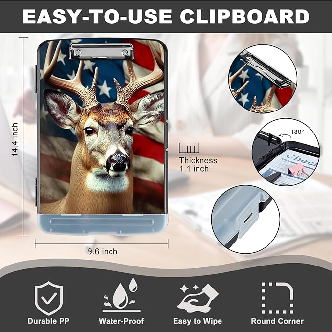 Clipboard with Storage,Heavy Duty Plastic Storage Clipboard with Low Profile Clip,Teacher Must Haves,Office Supplies,American Flag Deer
