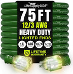75ft Outdoor/Indoor Extension Cord 12/3 Gauge Extra Heavy Duty 3 Prong SJTW, Waterproof, Flexible Cold-Resistant Long Power Cord,15A 125V 1875W, Green by LifeSupplyUSA