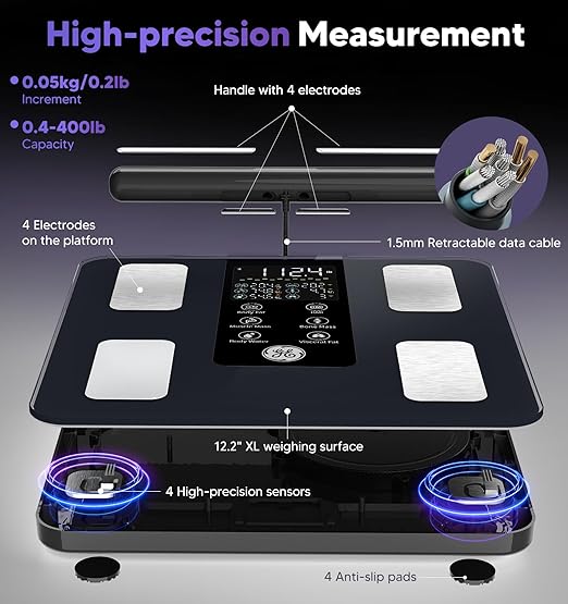 GE Smart Scale for Body Weight: 8-Electrode Digital Bathroom Scale for Weight Fat BMI Muscle Mass Full Body Composition Analyzer 27 Measurements Bluetooth Highly Accurate Weighing Machine 400lb Black