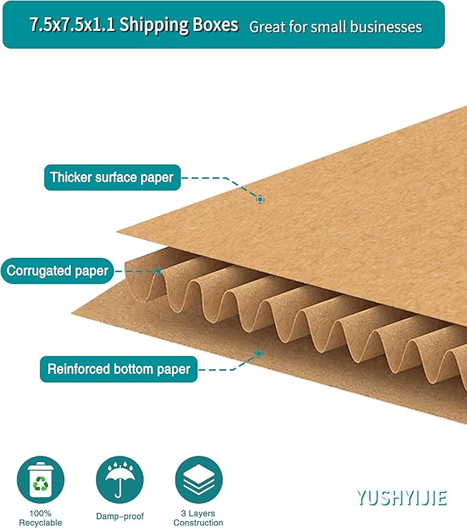 50 Pack 7" 45 RPM Vinyl Record Mailers, 7.5"L x 7.5"W x 1.1"H Kraft Corrugated Album Shipping Boxes for Small Business Packaging Mailing Moving Storage, with Fragile Stickers