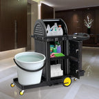 TUFFIOM Janitorial Cart with Key-Locking Cabinet, 3-Shelf Commercial Cleaning Cart with Wheels, Housekeeping Caddy with Locker, Black, Great for Hotel, Stores, Schools, and Business