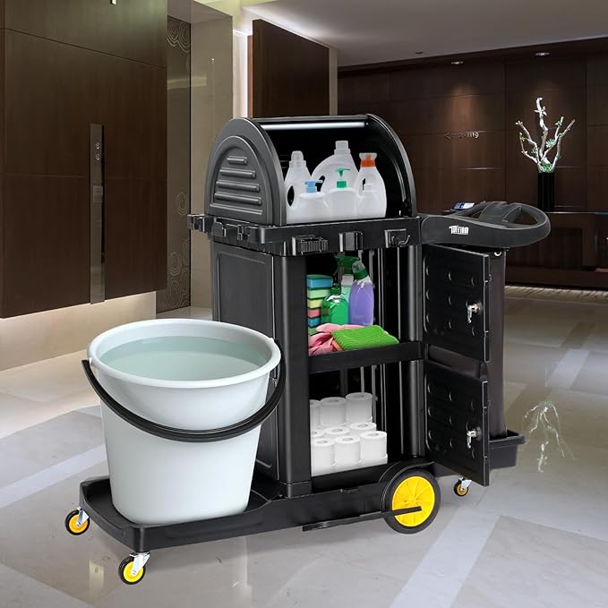 TUFFIOM Janitorial Cart with Key-Locking Cabinet, 3-Shelf Commercial Cleaning Cart with Wheels, Housekeeping Caddy with Locker, Black, Great for Hotel, Stores, Schools, and Business