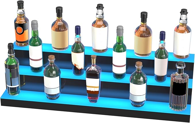 VEVOR LED Lighted Liquor Bottle Display, 3 Tiers 40 Inches, Supports USB, Illuminated Home Bar Shelf with RF Remote & App Control 7 Static Colors 1-4 H Timing, Acrylic Lighted Shelf for 30 Bottles