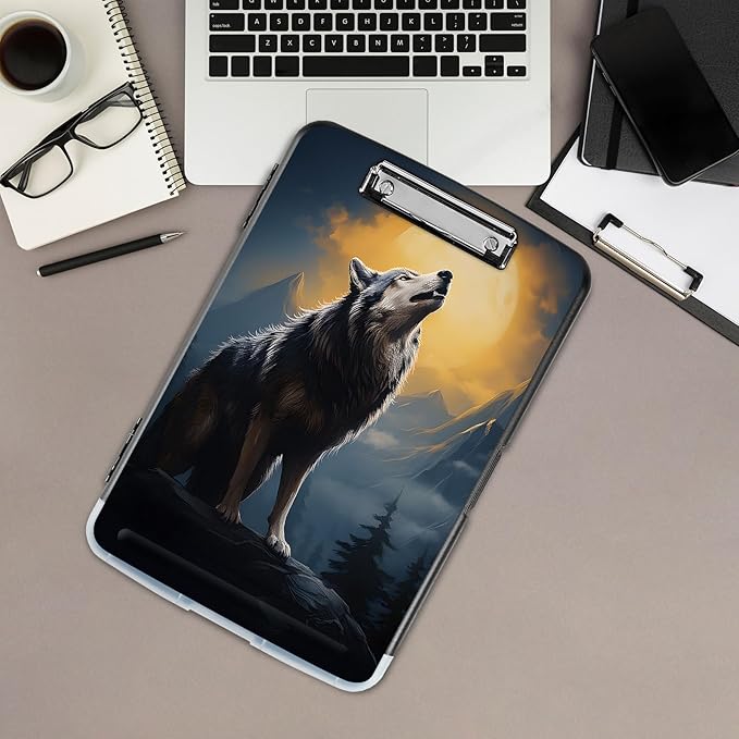 Clipboard with Storage,Office Supplies Nursing Clipboards Folder with Pen Holder Plastic Storage ClipBoard Foldable for Teacher Nurse,Wolf with Full Moon