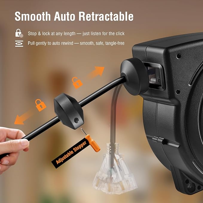 SURAIELEC 12 Gauge Extension Cord Reel, 45 FT Retractable Extension Cord, 12 AWG/3C SJTOW Heavy Duty Power Cord, 15 AMP Circuit Breaker, Lighted Triple Tap, Ceiling or Wall Mount, ETL Listed, Black