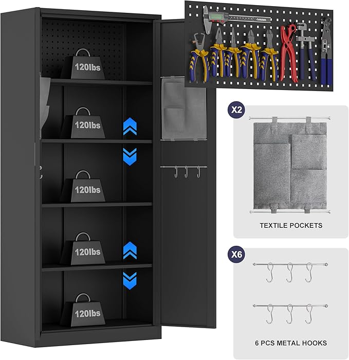 Big Metal Garage Storage Cabinet with Locking Doors, Lockable Heavy Duty Metal Tool Cabinet with Pegboard, Black