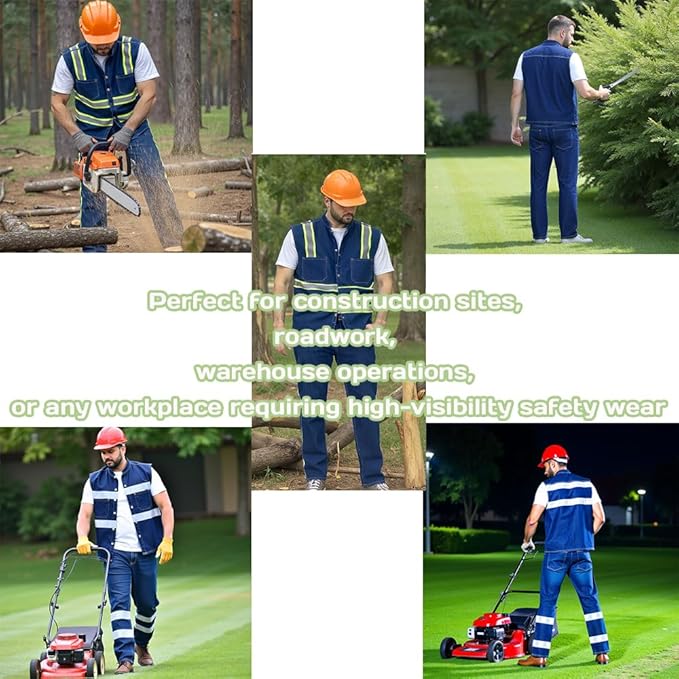 YOWESHOP Men's Reflective Safety Denim Vest，Custom Safety Outdoor Denim Work Vest with Hi-Vis Stripes for Night Commute