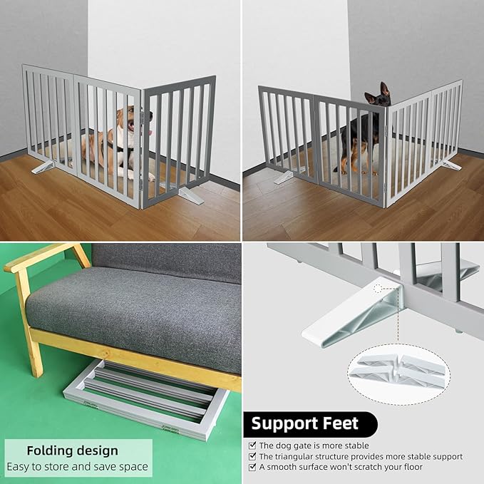 ZJSF Freestanding Indoor Dog Gate for House Foldable Wood Puppy Gate for Doorways Pet Gate for Stairs Extra Wide Pet Fence, Grey, 32" Height 2 Panels