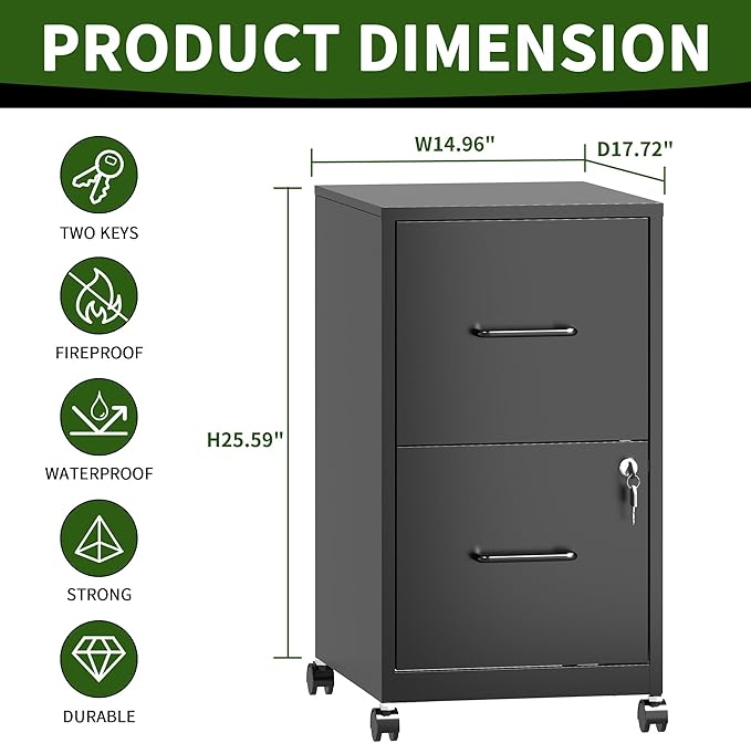2 Drawer Mobile File Cabinet, Metal Under Desk Filing Cabinet with Lock and Wheels, Home Office Rolling File Cabinet for Legal/Letter Hanging File Folders, Un-Assembled, Black