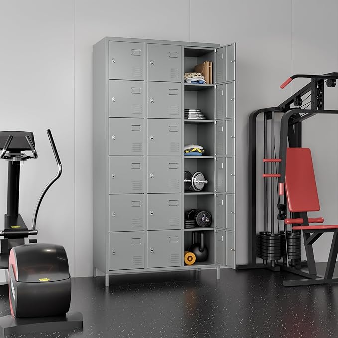 72" inch Employee Locker, Tall Metal Locker with 18 Doors, Storage Locker for Employees School Hospital Garage Gym Home Office with Hooks Requires Assembly (Light Gray)