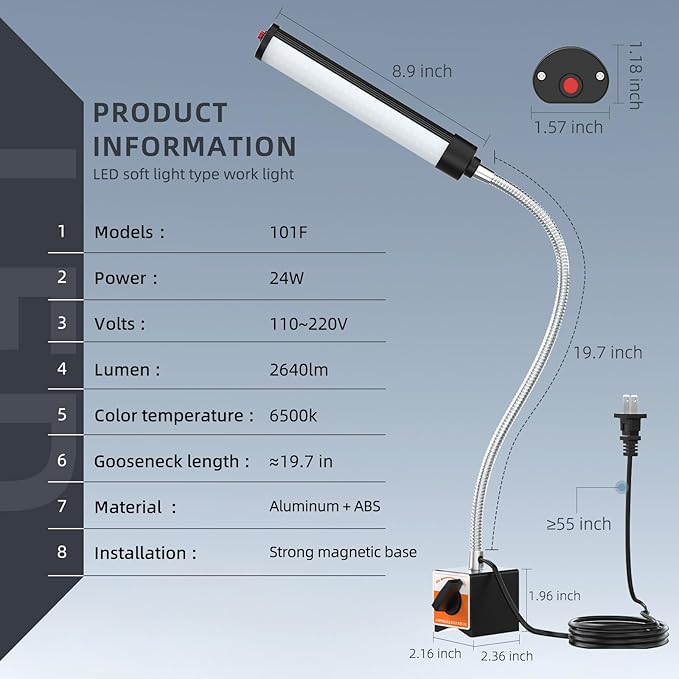 24W LED Magnetic Work Light, 2400 Lumen Flexible Gooseneck Work Light with Adjustable Magnetic Base, Industrial Light for Lathe CNC Milling Drillpress Sewing Machine (Heavy-Duty Magnetic)