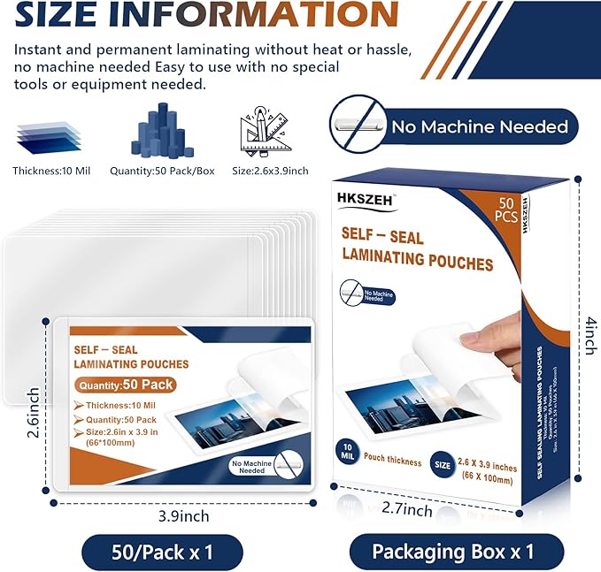 50 Pack 10 Mil 2.6"x3.9" Self Sealing Laminating Pouches Plastic Laminating Sheets Business Card Size Clear Lamination Paper for Office School Home Supplies Glossy Finish(No Laminator Need)