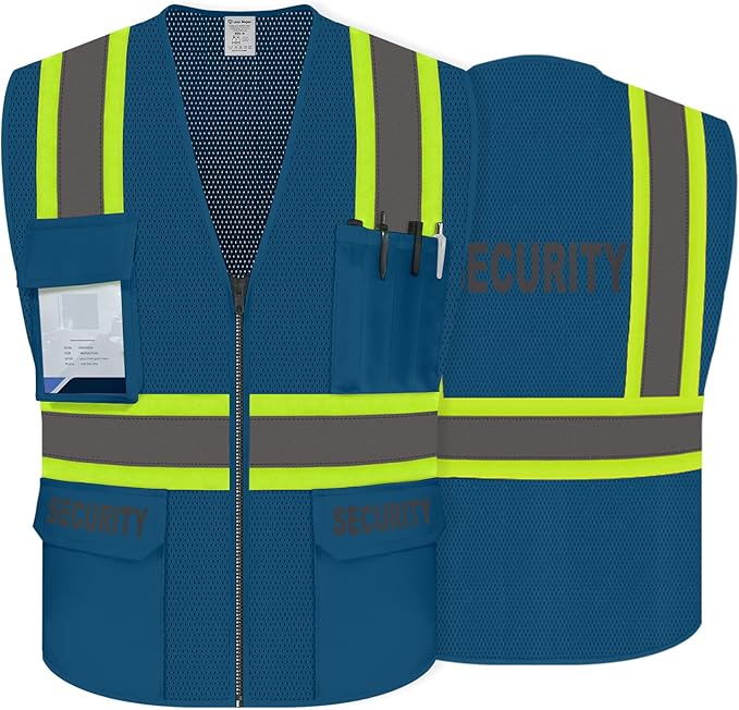 Security Vest for Men Women, High Visibility Vest with Pockets & Zipper, Neon Work Wear with Reflective Strips, ANSI Compliant, Blue, 2XL