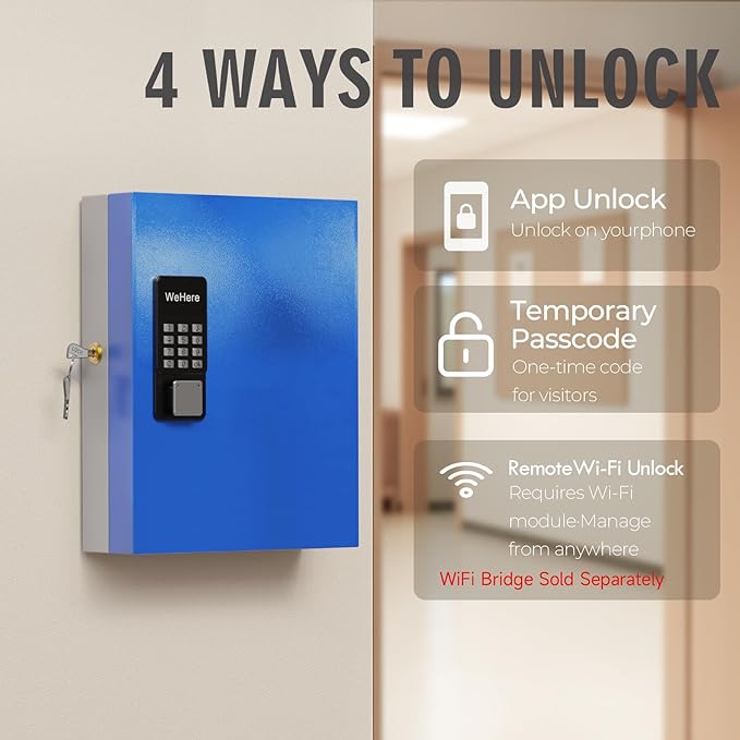 WeHere 32 Key Lock Box (Plus) Wall Mount, APP Bluetooth/OTP/Wi-Fi/Fixed Code/Key Unlock, Smart Key Cabinet with Tag, Key Organizer Holder box Management Directory for Office, Valet, Car,Truck