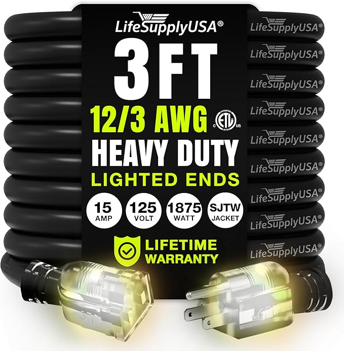 3ft Outdoor/Indoor Extension Cord 12/3 Gauge Extra Heavy Duty 3 Prong SJTW, Waterproof, ETL Listed, Flexible Cold-Resistant Long Power Cord,15A 125V 1875W, Black by LifeSupplyUSA