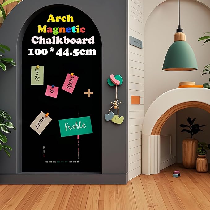Magnetic Chalkboard Wall Arch Decal 39.3"x17.5" Contact Paper Peel and Stick for Walls Self Adhesive Magnetic Wall Board Sticker with 36 Magnet Letters Black Chalk Board Wallpaper Roll
