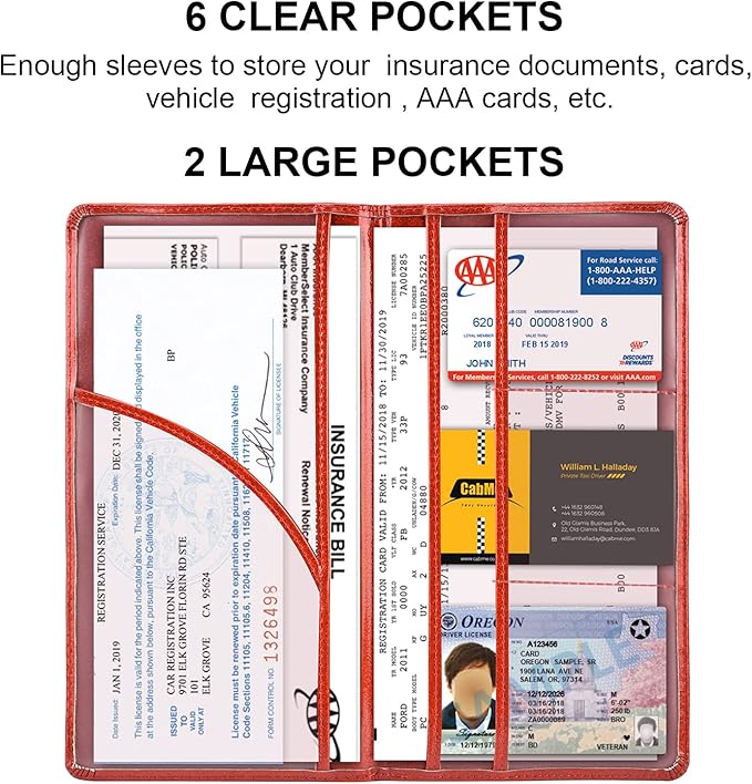 Cacturism Car Registration and Insurance Holder, Vehicle Glove Box Car Organizer Men Women Wallet Accessories Case with Magnetic Shut for Cards, Essential Document, Driver License, Bling Red