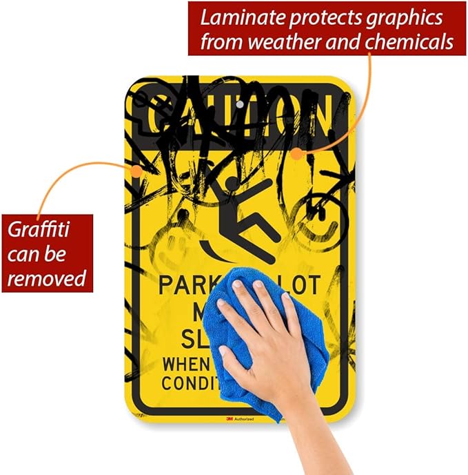 SmartSign 18 x 12 inch “Caution - Parking Lot May Be Slippery When Icy Or Wet Conditions Exist” Metal Sign, 63 mil Aluminum, 3M Laminated Diamond Grade Reflective Material, Black and Yellow, USA-Made