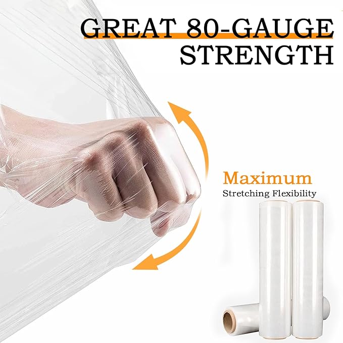 18 Inch 80 Gauge Stretch Film 1100ft 4 Rolls - Single Layer PE Plastic Wrap, Industrial Pallet Wrapping for Heavy Duty Shipping Storage, 350% Stretch Clear Packaging Film