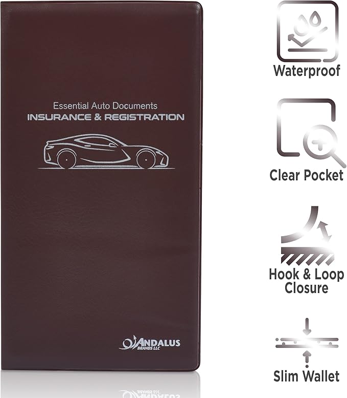 Andalus Auto Registration & Insurance Card Holder Pack of 2, Waterproof Essential Car Registration Holder with Hook & Loop Closure, Perfect for Every Vehicles Glove Boxes (Brown - 9.5" x 5.15")