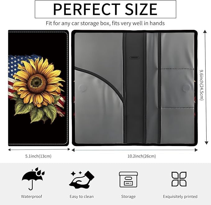 Premium Car Registration and Insurance Card Holder, Cute PU Leather Car Document Holder, Vehicle Glove Box Car Organizer with Magnetic Closure for Driver License, Cards USA Sunflower Flag