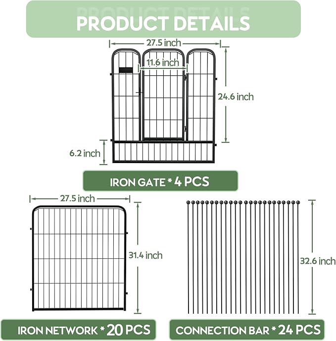 ZXMOTO Outdoor Garden Fence with Gate 24 Pack 32in (H) x 55ft (L), Heavy Duty Metal, Decorative Outdoor Yard Fencing for Dogs, Temporary Dog Fence for Backyard, Patio, Garden (Easy Setup)