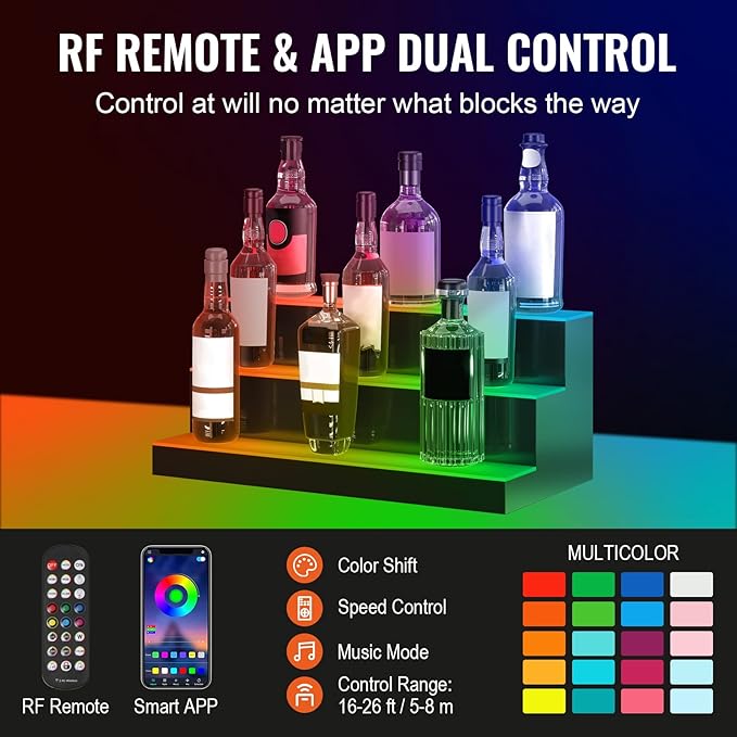 VEVOR LED Lighted Liquor Bottle Display, 3 Tiers 24 Inches, Supports USB, Illuminated Home Bar Shelf with RF Remote & App Control 7 Static Colors 1-4 H Timing, Acrylic Lighted Shelf for 18 Bottles
