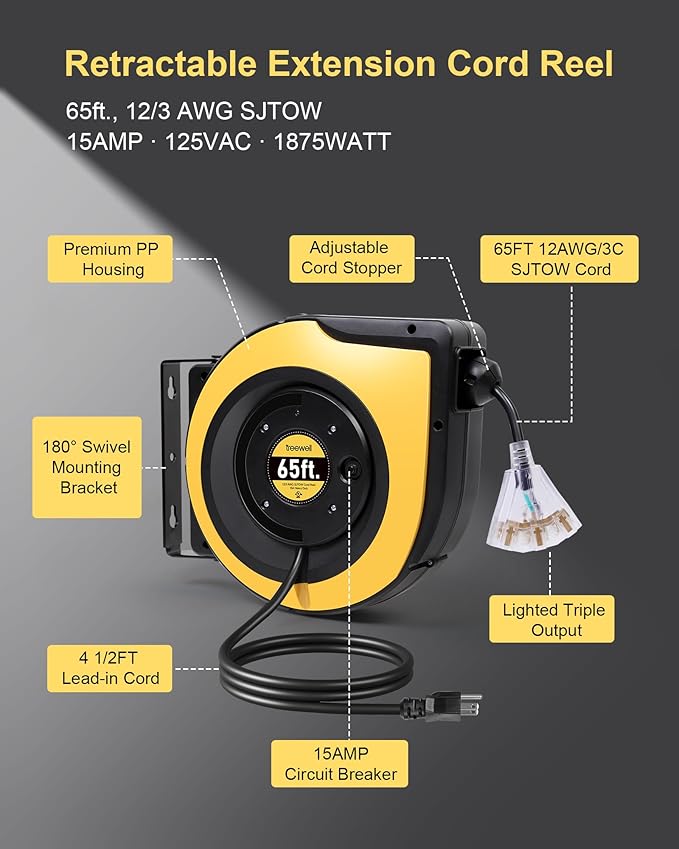 Retractable Extension Cord Reel, 65FT 12AWG/3C SJTOW Heavy Duty Power Cord with Lighted Triple Outlets, 15A Circuit Breaker, 180° Swivel Removable Bracket for Wall/Ceiling Mount, UL Listed