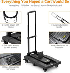 Dolly Cart with Wheels 440lbs, Folding Hand Truck with 6 TPE Wheels (2 with Brakes) & 21 in Extendable Full Platform, Foldable Cart with 2 Elastic Straps for Easy Moving, Travel, and Storage, Black