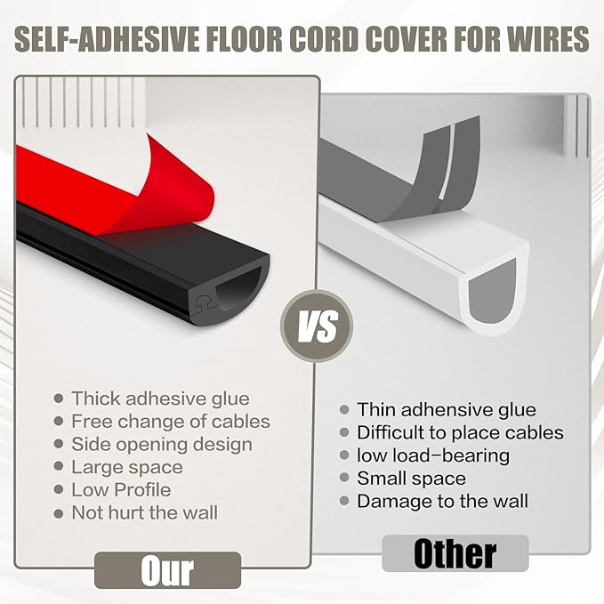 Cord Wall Cover, 39in Self-Adhesive Wire Covers for Cords on Wall, Extension Cable Hider for Floor, Mounted Tv, Home and Office Cavity 0.63" Wx0.31 H (Black)