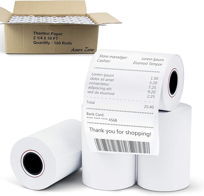 Azure Zone, Thermal Paper Rolls 2-1/4 X 50ft, 100 Rolls, Fits Most POS Machines and Cash Registers, Great for Businesses and Sales