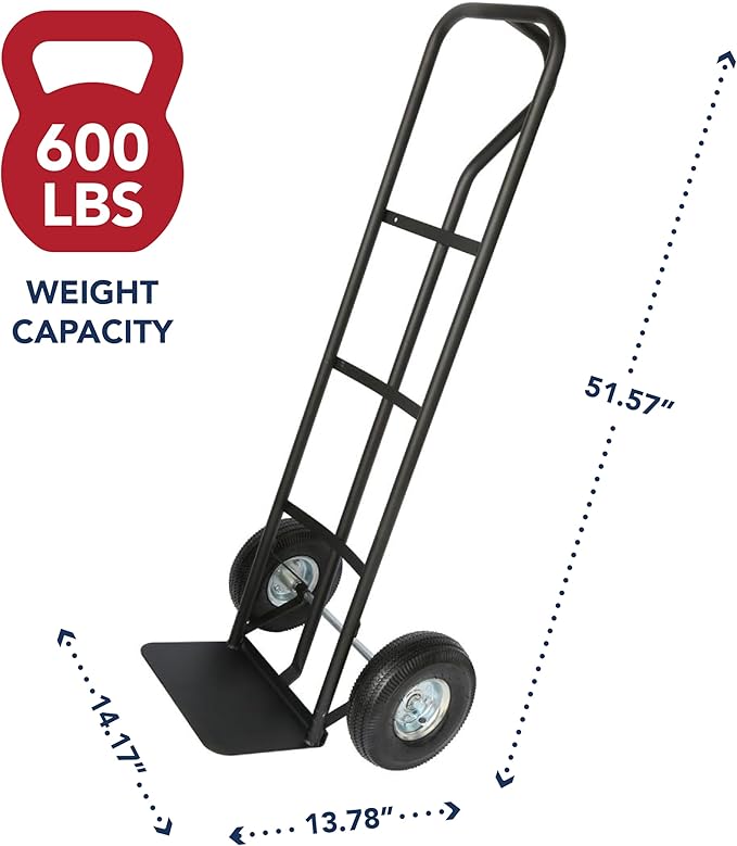 Olympia Tools 600 Lb Steel Hand Truck with P Handle and 10" Pneumatic Wheels for Home and Office Use